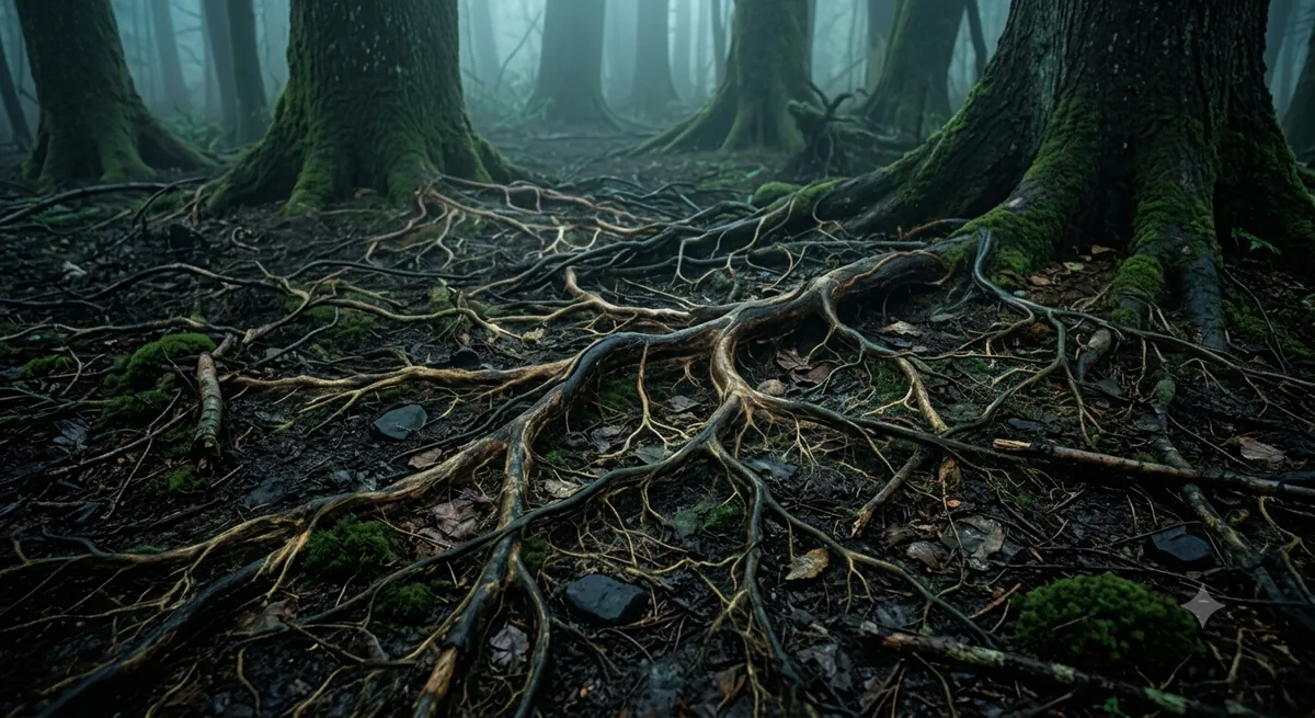 Bias — tangled roots spreading across a misty forest floor