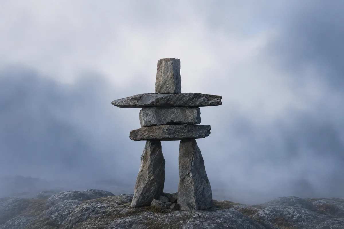 Inukshuk — a balanced cairn of grey stones in human form on a rocky ridge, misty pale-blue sky beyond