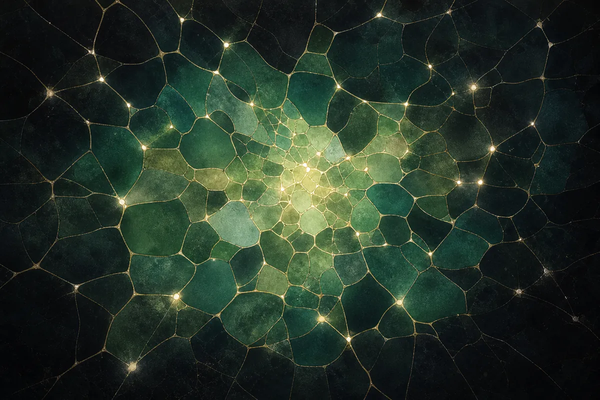 Organic social network — emerald stained-glass mesh of nodes and luminous threads